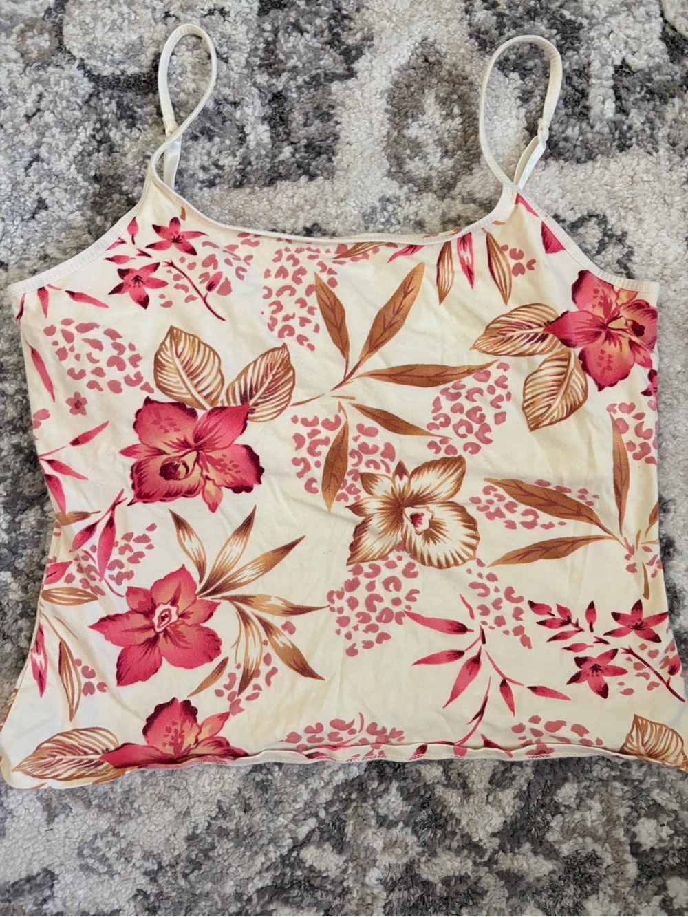 Cream Floral Spaghetti-Strap Tank Top with Pink & Tan Blooms